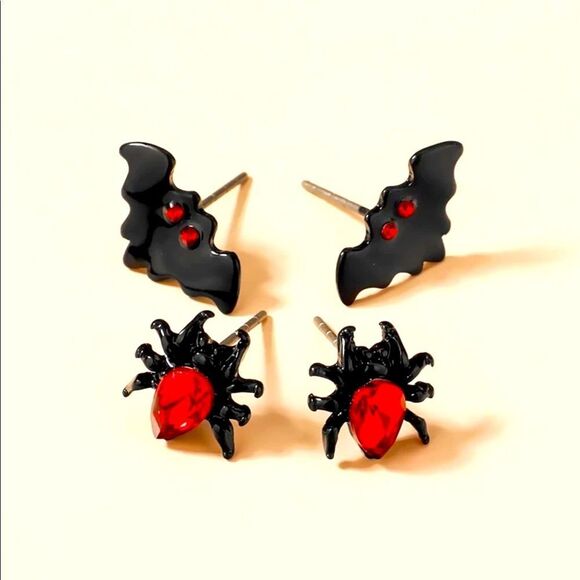 Y2K Vampire Gothic Halloween Spider Bat Red Jeweled Earrings - Picture 1 of 4